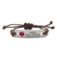BAIYI Medical Alert Bracelet - Custom Engraved Stainless Steel ID Tag - Personalized Brown Braided Rope Emergency Bracelets (Adjustable Size)
