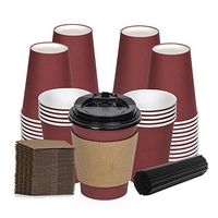 Savourio Coffee Cups with Lids – 12 Oz Disposable Coffee Cups 100 Pack Paper Cups with Stirring Straws, Lids, Sleeves, Hot Coffee Container – Red Short Tea Cup to Go – Leakproof Paper Sleeves Cups