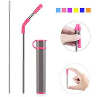 Reusable Collapsible Straw, Portable Stainless Steel Drinking Straw with Case, Straw Tip and Cleaning Brush for Travel, Party, Outdoor and Home Use (Grey Case Pink Tip)
