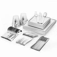 Glotoch 150 Pcs Silver Square Plates & Disposable Silverware & Plastic Cups, Silver Plastic Dinnerware set Include: 25 Dinner Plates, 25 Dessert Plates, 25 Forks, 25 Knives, 25 Spoons, 25 Tumblers