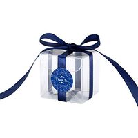 Gechtas 20Pcs PET Crystal Clear Cube Favor Boxes, 2"x2"x2", Food Safe, 0.3mm Thick, with Navy Blue Satin Ribbon and Thank You Stickers, for Wedding, Shower, Party Favors (#A)