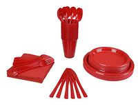 350 PCS Disposable Tableware Combo Pack INCLUDES: 50 9" Red Plastic dinner plates | 50 7" plastic appetizer plates |50 plastic cups | 50 paper napkins | 50 plastic cutlery spoons forks & knives