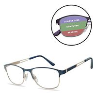 Mens and Womens Full Metal Rim Spring Hinge 3 in 1 No Line Trifocal Reading Glasses Multi Focus Strengths +100 - +300 (Gold, Blue Frame, 175)