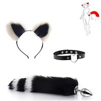 3Pcs Collar+ B-ü-t-t P-l-ǔ-g Fox Tail Massager + Ears Headband Halloween Party Toys（Black&White）-L
