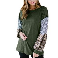 Ros1ock Women's Tunics Leopard Patchwork Long Sleeve Pullover T-Shirts Stripe Casual Loose Blouse Army Green