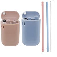 Reusable Silicone Collapsible Straws Portable Drinking Straw with Carrying Case and Cleaning Brush, BPA Free (Pink&Blue, 2)