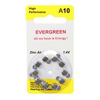 Hearing Aid Battery A10/B6 Evergreen 6pk, Size A10, Zinc Air, 1.4V