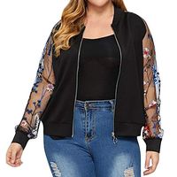 Alangbudu Women Zipper Cardigan Cropped Tops Long Perspective Sleeve Loose Blouse Casual Sweatshirt Jacket Coat w Pocket Black