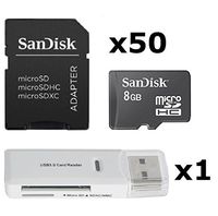 50 PACK - SanDisk 8GB MicroSD HC Memory Card SDSDQAB-008G (Bulk Packaging) LOT OF 50 with SD Adapter and USB 2.0 MicoSD & SD Memory Card Reader 