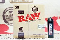 Bundle - 2 Items Full Box/50 Packs of Raw Classic King Size Rolling Papers and Patriot Disposable Lighter