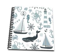 3dRose db_123491_1 Blue and White Nautical Theme Octopus, Boat, Anchor Drawing Book, 8 by 8-Inch