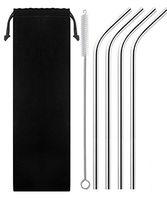 Donge Stainless Steel Smoothie Straws, 9.5" X 8 mm Wide Reusable Bent Metal Straws, Set of 4 with Cleaning Brush (Wide Bent)