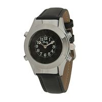 Womens Chrome Braille Talking Watch-English-Black Dial + Leather Band