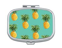 Pill Box - Customized Green Yellow Pineapple Pattern Design Pill Boxes, Portable Rectangular Metal Silver Pills Case, Compact 2 Space, Pill Cases for Travel/Pocket/Purse.