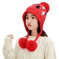 Women Keep Warm Earmuff Cap Print Cap 3 Ball Baggy Knit Crochet Winter Wrap Hat Mix Color Removable Fluffy Giant Pompom (Red)