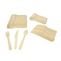 SpecialT Disposable Wooden Cutlery Set - 200pc Biodegradable Cutlery Combo Pack (100 Wooden Forks, 50 Spoons, 50 Knives)
