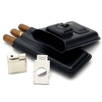 Mantello Cigar Case with Lighter and Cutter Genuine Leather Gift Set