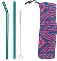 Aqua Glass Straw Set - 2 PK with Travel Carrying Case, 9” X 9 mm Bent and Straight, Eco-Friendly, Reusable, Plastic Free, with Free Cleaning Brush. Made in USA