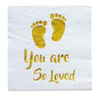Baby Shower Beverage Disposable Napkin 3 Ply Gold Foil Footprint White Paper Cocktail Baptism Party for Neutral Gender Reveal Boy Girl You are So Loved 5 x 5 Inches Folded (25)