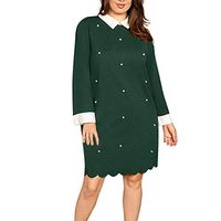 Jocund Stylish Women Dress Casual Plus Size Long Sleeve Beading Solid Tops Turn-Down Collar Dress