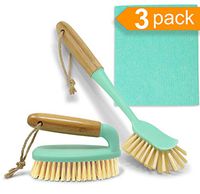 Scrub Brush Dish Scrubber Set - Long Bamboo Handle Scraper for Kitchen or Bathroom Cleaning - Bottle Brush & Swedish Dishcloth for Dish Washing Scrub Plates, Shower, Floor Tile, Tumblers, Instant Pot
