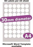 Minilabel 30mm Diameter Round, 240 Labels, Matt Paper, 5 A4 Sheets, Laser Copier Inkjet Stickers