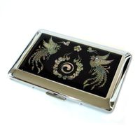 Antique Alive Mother of Pearl Phoenix Yin Yang Design Engraved Metal Cigarette Holder Case, Black