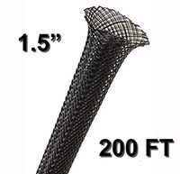 Electriduct 1.5" Black PET Expandable Braided Sleeving Cable Mesh Flexible Wire Sleeve - 200 Feet