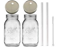 2 Glass Mason Drinking Jars with 2 Straw Hole Lids, 2 Glass Straws and 1 Straw Cleaner (silver)