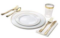 " OCCASIONS" 960 pcs/120 Guest -Full Set - Wedding Disposable Plastic Plates Silverware, Gold Rimmed Tumblers and White Napkins (Combo B, White & Gold Rim)
