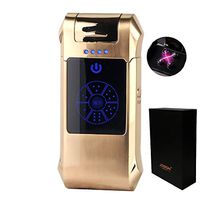 Double Arc Pulse Lighter USB Rechargeable Windproof Flameless Electric Lighters with Dice Play Screen (Gold)