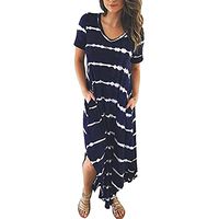 Womens Dresses Clearance! Women's Casual Striped Short Sleeved Split Irregular Hem Beach Long Dress with Pocket (L, Navy)