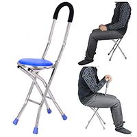LFFME Cane Seat Walking Stick, Lightweight Folding Stool with Anti-Slip Four Feet, Walking Stick Chair for Use by The Elderly, Blue
