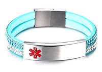 JF.JEWELRY Free Engraving Medical Alert ID Bracelet for Women with 2-Layers Velvet & Rhinestone Link 7.5",Lake Blue
