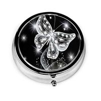 Pill Box Diamond Butterfly White Round Pill Case Daily Metal Silver Medicine Tablet Holder Organizer Container Cases for Purse Pocket Travel Vitamin,Small 2 inch,3 Compartment