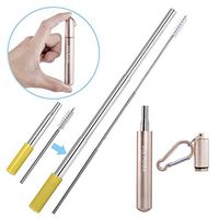 Reusable Collapsible Drinking Straws with case Portable Telescopic Folding Stainless Steel Metal Straw, Silicone Tips, Folding Cleaning Brush (Gold case & Original Color Straws)