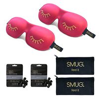 SMUG Eyelash Friendly Contoured 3D Blackout Beauty Sleep Mask/Eye Mask Twin Pack Set with Storage Bags & Earplugs (8 Pairs), Pink Wink Print