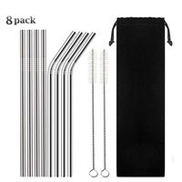 Reusable Stainless Steel Straws, Set of 8 Silver Metal Reusable Drinking Straws Fit Tumbler Cups 20oz Yeti RTIC Ozark (4 Straight Straws+ 4 Bent Straw+ 2 Cleaning Brushes+ Carry Bag)