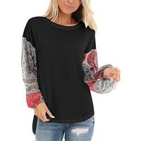 HNTDG Autumn Women's T-Shirt Knit Chiffon Patchwork Blouse Floral Print Long Sleeve Round Neck Tops Black