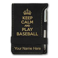 Mini Notepad, Keep Calm and Play Baseball, Personalized Engraving Included (Black with Gold)