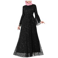 HAALIFE◕‿ Muslim Dress for Women Long Sleeve Sequin Oversized Long Dresses Muslim Chiffon Kaftan Islamic Maxi Dress Black