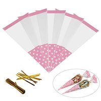 Candy Bags,MEZOOM 100 Pcs Cellophane Cone Treat Party Bags with Gold Twist Ties for Christmas Wedding Cookie Gift Candy Buffet Supply (Pink)