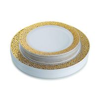 Gold Plastic Plates, White and Gold Disposable Plates with Lace Design Rim (Includes 40 10.25'' Dinner Plates and 40 7.25'' Salad Plates) Fancy Disposable Plastic Plates - Posh Setting