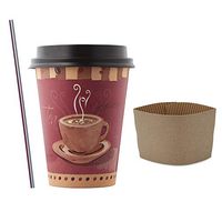 (100 Sets) 12 oz Paper Hot Cups with Black Dome Lids and Sleeves, Free Stirrers Disposable Coffee Cups with Coffee Print