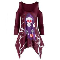 ✦HebeTop✦ Women's Pullover Casual Off The Shoulder Slouchy Sweatshirt Skull Print Long Sleeve Irregular T-Shirt Blouse Wine