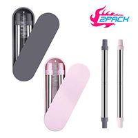 Yassk 2 Pack Reusable Straws 9 inch Telescopic Drinking Stainless Steel Metal Straws with Sliding Case & Cleaning Brush (Grey-Pink)