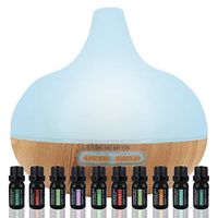 Aromatherapy Diffuser & Essential Oil Set - Ultrasonic Diffuser & Top 10 Essential Oils - 300ml Diffuser with 4 Timer & 7 Ambient Light Settings - Therapeutic Grade Essential Oils