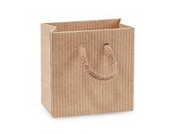 Pack Of 100, Petite 4 X 2.5 X 4" Brown Kraft Pinstripe Paper Gift Bags W/Varnish Stripe & Cotton Cord Handles