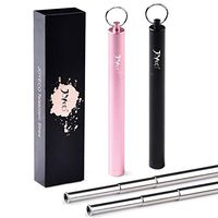 JOYECO Collapsible Metal Straws Reusable Telescopic Portable Stainless Steel Straw Drinking Foldable with Case Cleaning Brush Anti-Scratch (2 Pack, Rose Gold + Black)
