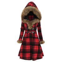 Meikosks Women's Plaid Faux Fur Hood Long line Coat Plus Size Blouses Warm Tops Stripe Hoodies Red